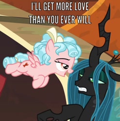 Size: 679x688 | Tagged: safe, edit, edited screencap, screencap, cozy glow, lord tirek, queen chrysalis, changeling, changeling queen, pegasus, pony, the beginning of the end, caption, cropped, female, filly, image macro, text