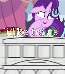 Size: 1272x1440 | Tagged: safe, edit, edited screencap, screencap, starlight glimmer, pony, rock solid friendship, asdfmovie, exploitable meme, image macro, meme, solo, starlight's confessions, tomska, train