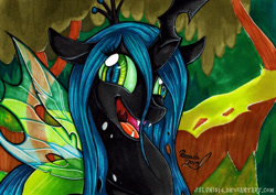 Size: 1600x1135 | Tagged: safe, artist:julunis14, queen chrysalis, changeling, changeling queen, the beginning of the end, changelings in the comments, crazylis, faic, marker drawing, promarker, scene interpretation, signature, solo, traditional art