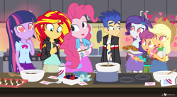 Size: 1360x750 | Tagged: safe, artist:dm29, applejack, flash sentry, pinkie pie, rarity, scootaloo, sunset shimmer, twilight sparkle, twilight sparkle (alicorn), alicorn, equestria girls, chocolates, flash sentry gets all the mares, harem, kitchen, love potion, mind control, this will end in jail time, this will end in tears, valentine's day