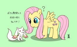 Size: 480x296 | Tagged: safe, artist:aoneko54, fluttershy, incubator (species), pegasus, pony, actor allusion, japan, japanese, kyubey, kyubeyshy, pixiv, puella magi madoka magica, voice actor joke