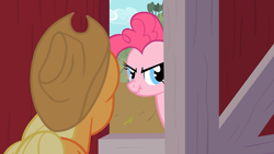 Size: 500x281 | Tagged: safe, screencap, applejack, pinkie pie, earth pony, pony, party of one, scrunchy face