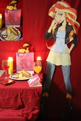 Size: 3072x4576 | Tagged: safe, artist:yuuto, sunset shimmer, equestria girls, candle, clothes, cutout, food, hot dog, irl, ketchup, life size, meat, mustard, photo, poem, sauce, sausage, smiling, solo, valentine's day, waifu dinner