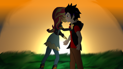 Size: 3900x2200 | Tagged: safe, artist:remcmaximus, sunset shimmer, oc, equestria girls, canon x oc, female, kiss on the cheek, kissing, male, romance, shipping, short story, straight, sunset, valentine's day