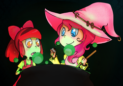 Size: 1280x898 | Tagged: safe, artist:lyricalecho, apple bloom, pinkie pie, friendship is witchcraft, cauldron, costume, humanized, witch