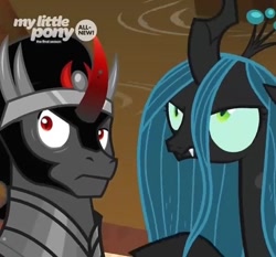 Size: 640x597 | Tagged: safe, screencap, king sombra, queen chrysalis, changeling, changeling queen, pony, unicorn, the beginning of the end, confused, cropped, cute, cutealis, duo, fangs, female, male, sombradorable