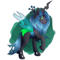 Size: 3508x3500 | Tagged: safe, artist:8bitgalaxy, queen chrysalis, changeling, changeling queen, abstract background, art trade, colored pupils, crown, cute, cutealis, eye clipping through hair, female, jewelry, raised hoof, regalia, simple background, solo, transparent background