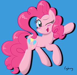 Size: 1972x1936 | Tagged: safe, artist:thebrokencog, pinkie pie, earth pony, pony, blue background, blushing, female, mare, one eye closed, open mouth, simple background, solo