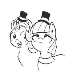 Size: 1280x1280 | Tagged: safe, artist:yakoshi, maud pie, starlight glimmer, pony, black and white, grayscale, hat, monochrome, open mouth, simple background, smiling, top hat, white background