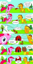 Size: 835x1579 | Tagged: safe, artist:doublewbrothers, applejack, pinkie pie, earth pony, pony, amish, barn, barn raising, comic, comic sans, dialogue, grammar error, what in tarnation