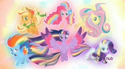 Size: 1452x810 | Tagged: safe, derpibooru import, screencap, applejack, fluttershy, pinkie pie, rainbow dash, rarity, twilight sparkle, twilight sparkle (alicorn), alicorn, earth pony, pegasus, pony, unicorn, twilight's kingdom, cap, female, hat, hub logo, mane six, mare, rainbow power