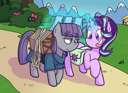 Size: 1920x1405 | Tagged: safe, artist:zanefir-dran, maud pie, pinkie pie, starlight glimmer, pony, unicorn, rock solid friendship, clothes, female, glowing horn, hiding, kite, lidded eyes, mare, mountain, open mouth, raised hoof, saddle bag, smiling, when she smiles