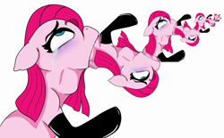 Size: 4283x2648 | Tagged: safe, artist:ponetistic, edit, editor:shiikra, pinkie pie, earth pony, pony, crying, fetish, funny, latex, not salmon, pinkception, recursion, self vore, simple background, vore, voreception, wat, white background