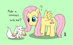 Size: 1141x700 | Tagged: safe, artist:aoneko54, fluttershy, incubator (species), pegasus, pony, crossover, kyubey, kyubeyshy, puella magi madoka magica, voice actor joke