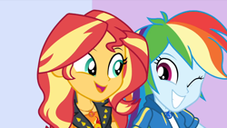 Size: 1358x764 | Tagged: safe, derpibooru import, screencap, rainbow dash, sunset shimmer, a fine line, better together, equestria girls, geode of empathy, geode of super speed, magical geodes, one eye closed, wink