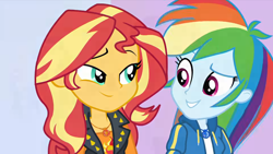 Size: 1358x764 | Tagged: safe, derpibooru import, screencap, rainbow dash, sunset shimmer, a fine line, better together, equestria girls, geode of empathy, geode of super speed, looking at each other, magical geodes