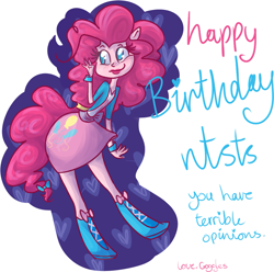 Size: 987x980 | Tagged: safe, artist:ponygoggles, pinkie pie, equestria girls, female, pink hair, solo, text