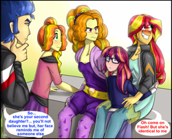 Size: 2269x1837 | Tagged: safe, artist:namygaga, adagio dazzle, flash sentry, sunset shimmer, oc, oc:sunshine glow, oc:violet sunrise, equestria girls, female, implied infidelity, implied sunsetsparkle, lesbian, magical lesbian spawn, offspring, parent:adagio dazzle, parent:sci-twi, parent:sunset shimmer, parent:twilight sparkle, parents:scitwishimmer, parents:sunsagio, parents:sunsetsparkle, shipping, sunsagio