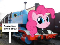 Size: 2048x1536 | Tagged: safe, pinkie pie, earth pony, pony, meme, thomas the tank engine, train, train pony, twiface