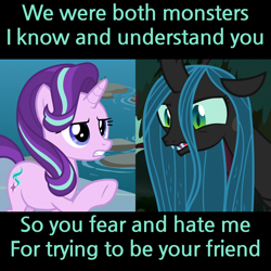 Size: 1280x1280 | Tagged: safe, edit, edited screencap, screencap, queen chrysalis, starlight glimmer, changeling, changeling queen, pony, unicorn, school daze, the mean 6, cropped, female, text