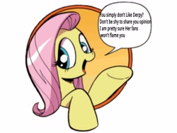 Size: 4000x3000 | Tagged: safe, idw, derpy hooves, fluttershy, pegasus, pony, bad advice fluttershy, blue eyes, dialogue, exploitable meme, female, mare, meme, open mouth, pink mane, raised hoof, raised leg, simple background, smiling, solo, speech bubble, talking to viewer, underhoof, yellow coat