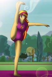 Size: 3075x4588 | Tagged: safe, artist:tyron91, sunset shimmer, equestria girls, barefoot, breasts, feet, female, fitness, flexible, lens flare, leotard, solo, stretching, sunset jiggler