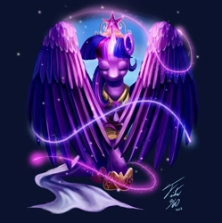 Size: 900x904 | Tagged: safe, artist:tsitra360, derpibooru import, twilight sparkle, twilight sparkle (alicorn), alicorn, pony, big crown thingy, clothes, dress, element of magic, elements of harmony, jewelry, large wings, magic, regalia