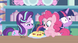 Size: 1000x550 | Tagged: safe, artist:dm29, pinkie pie, starlight glimmer, twilight sparkle, twilight sparkle (alicorn), alicorn, pony, rock solid friendship, jalapeno red velvet omelette cupcakes