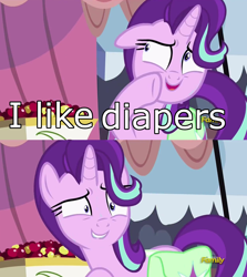 Size: 1256x1406 | Tagged: safe, edit, edited screencap, screencap, starlight glimmer, pony, unicorn, rock solid friendship, diaper, diaper fetish, discovery family logo, fetish, image macro, meme, shrunken pupils, solo, starlight's confessions, sweat