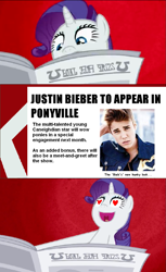 Size: 703x1147 | Tagged: safe, artist:ponyflea, edit, edited screencap, screencap, rarity, pony, unicorn, ponyville confidential, abstract background, comic, exploitable meme, hilarious in hindsight, i'll destroy her, justin bieber, meme, newspaper, newspaper meme, op is trying to start shit, screencap comic, solo, subverted meme