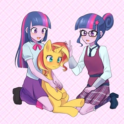 Size: 800x800 | Tagged: safe, artist:kona1025, sci-twi, sunset shimmer, twilight sparkle, twilight sparkle (alicorn), alicorn, pony, unicorn, equestria girls, friendship games, blushing, counterparts, cute, human paradox, magical trio, sunset twiangle, sweatdrop, twilight's counterparts, twolight, wavy mouth