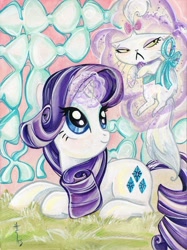 Size: 1280x1707 | Tagged: safe, artist:sararichard, idw, opalescence, rarity, cat, pony, unicorn, bow, cute, magic, solo, traditional art, unamused