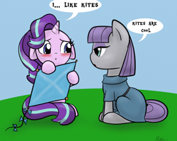 Size: 894x712 | Tagged: safe, artist:mimicproductions, maud pie, starlight glimmer, earth pony, pony, unicorn, rock solid friendship, blushing, cute, female, floppy ears, glimmerbetes, hoof hold, kite, mare, nervous, scene interpretation, that pony sure does love kites