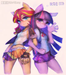 Size: 1740x2000 | Tagged: safe, artist:girlsay, sunset shimmer, twilight sparkle, equestria girls, belly button, camcorder, chromatic aberration, clothes, colored, fingerless gloves, gloves, jacket, linked arms, midriff, miniskirt, pleated skirt, pony ears, recording, short skirt, skirt, thighs, waving