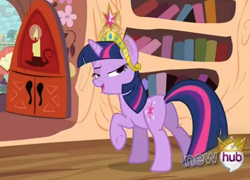 Size: 432x311 | Tagged: safe, derpibooru import, screencap, twilight sparkle, pony, magical mystery cure, big crown thingy, female, lidded eyes, mare, plot