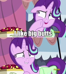 Size: 1256x1406 | Tagged: safe, edit, edited screencap, screencap, starlight glimmer, pony, unicorn, rock solid friendship, baby got back, discovery family logo, exploitable meme, image macro, meme, shrunken pupils, sir mix-a-lot, solo, song reference, starlight's confessions, sweat