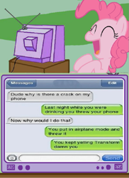 Size: 547x750 | Tagged: safe, pinkie pie, earth pony, pony, chat, exploitable meme, imessage, ios, transformers, tv meme