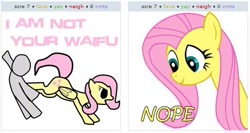 Size: 525x280 | Tagged: safe, fluttershy, human, exploitable meme, juxtaposition, juxtaposition win, kick, meta, nope, waifu