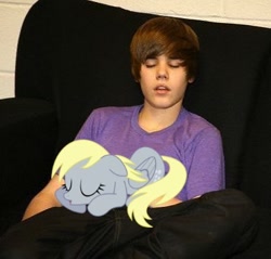 Size: 370x353 | Tagged: safe, edit, derpy hooves, pegasus, pony, female, justin bieber, mare, sleeping, trolling, why zyrax why