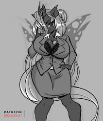 Size: 2293x2705 | Tagged: safe, artist:mrkashkiet, queen chrysalis, anthro, changeling, changeling queen, big breasts, breasts, business suit, clothes, female, monochrome, queen chrysaltits, skirt, skirt suit, solo, suit