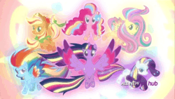Size: 576x324 | Tagged: safe, derpibooru import, screencap, applejack, fluttershy, pinkie pie, rainbow dash, rarity, twilight sparkle, twilight sparkle (alicorn), alicorn, earth pony, pegasus, pony, unicorn, twilight's kingdom, animated, female, hub logo, hubble, mane six, mare, rainbow power, rainbow power-ified, the hub