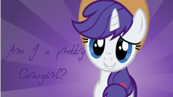 Size: 900x506 | Tagged: safe, rarity, pony, unicorn, alternate hairstyle, applejack's hat, blue eyes, female, horn, looking at you, mare, purple mane, purple tail, recolor, simple background, smiling, text, white coat