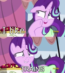 Size: 500x559 | Tagged: safe, edit, edited screencap, screencap, starlight glimmer, pony, unicorn, rock solid friendship, asdfmovie, discovery family logo, exploitable meme, meme, starlight's confessions, text, this will end in trains