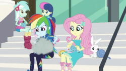 Size: 800x450 | Tagged: safe, derpibooru import, screencap, angel bunny, bon bon, fluttershy, lyra heartstrings, rainbow dash, sweetie drops, equestria girls, equestria girls series, a queen of clubs, animated, background human, canterlot high, gif, out of context