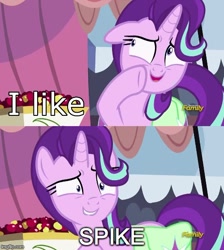 Size: 500x559 | Tagged: safe, edit, edited screencap, screencap, spike, starlight glimmer, dragon, pony, unicorn, rock solid friendship, exploitable meme, female, implied sparlight, male, meme, shipping, solo, sparlight, starlight's confessions, straight, text