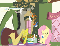 Size: 1022x781 | Tagged: safe, artist:grievousfan, angel bunny, discord, fluttershy, draconequus, pegasus, pony, rabbit, cafe, carrot, clover cafe, coffee, cup, drink, eyes closed, female, lunch, male, mare, salad, table, vector