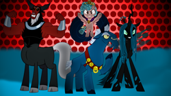 Size: 1280x720 | Tagged: safe, artist:alvaxerox, cozy glow, grogar, lord tirek, queen chrysalis, changeling, changeling queen, pegasus, pony, the beginning of the end