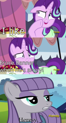 Size: 887x1656 | Tagged: safe, edit, edited screencap, screencap, maud pie, starlight glimmer, pony, rock solid friendship, bruce banner, discovery family logo, exploitable meme, heresy, meme, obligatory pony, starlight's confessions, the incredible hulk, wrong aspect ratio