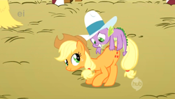 Size: 1920x1080 | Tagged: safe, screencap, applejack, spike, dragon, earth pony, pony, fall weather friends, bucking, butt touch, female, hand on butt, hat, male, mare, out of context, riding, ten gallon hat