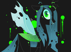 Size: 2217x1625 | Tagged: safe, artist:pinweena30, queen chrysalis, changeling, changeling queen, badass, black background, changelings in the comments, creepy, dark, evil, evil grin, female, green eyes, grin, looking at you, simple background, smiling, solo